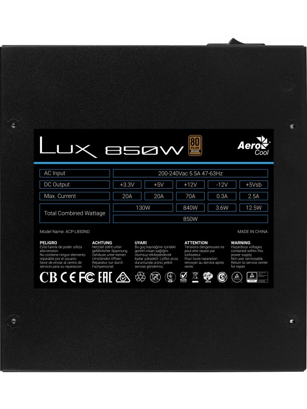 Aerocool LUX 850W unidad de fuente de alimentación 20+4 pin ATX Negro